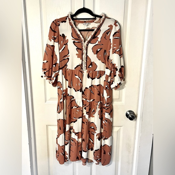 Cream & Terracotta Palm Pattern Tiered Sundress Bishop Sleeves Large GUC Flawed - Picture 3 of 16